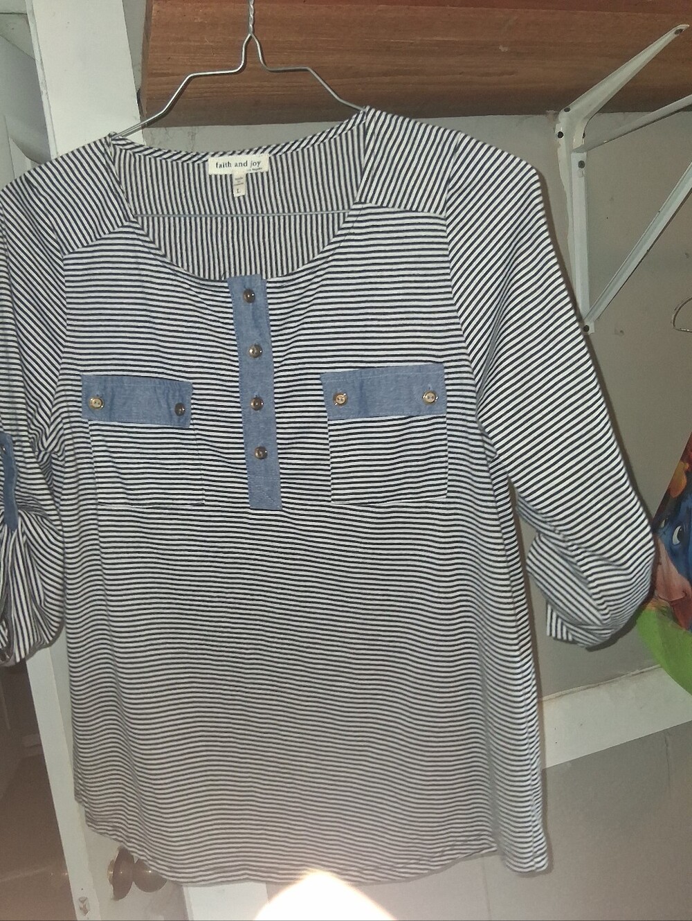 Faith and Joy Navy and White Striped Long-Sleeve Henley with Chambray Accents